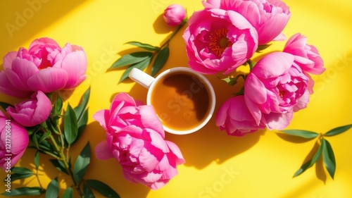 Fototapeta Naklejka Na Ścianę i Meble -  Morning tea with vibrant pink peonies on a sunny yellow background