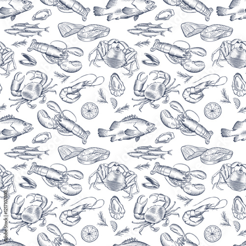 Seamless pattern with seafood in line art style. Vector illustration
