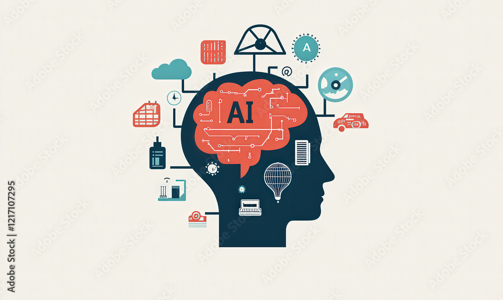 The human head and brain are connected to various external icons and artificial intelligence concept images The human head and brain are connected to various external icons and artificial intelligence concept images