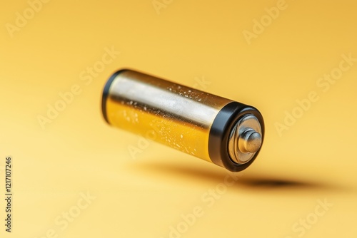 Flying AAA alkaline battery captured in chaotic motion against a vibrant yellow background photo