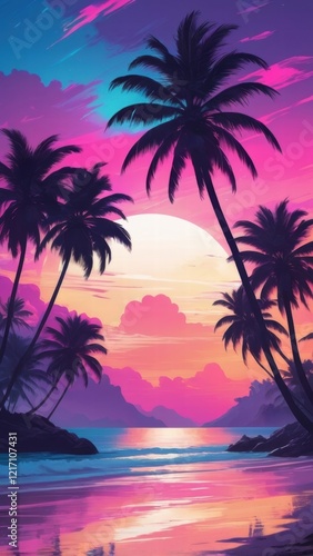 A palm tree silhouette casts long shadows on a shimmering beach, under a vibrant and surreal sunset sky
