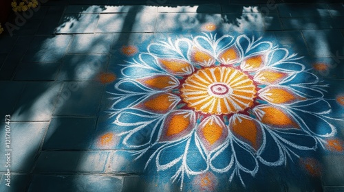 Colorful Rangoli Design on Floor with Shadow Play photo