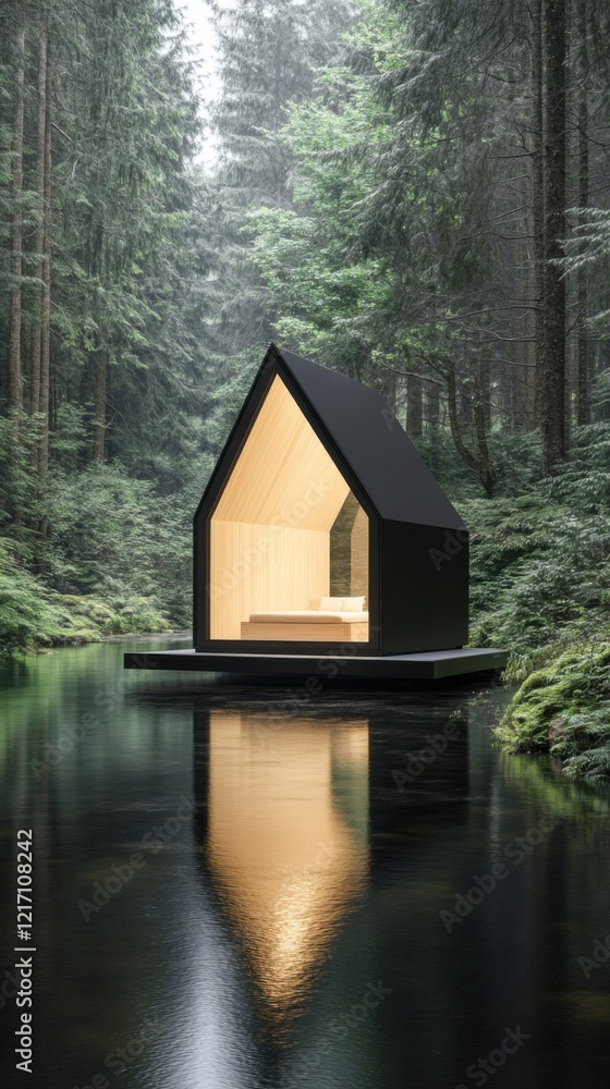 Fototapeta premium A modern tiny home with minimalist design sits on a serene lake surrounded by lush greenery, reflecting a tranquil and harmonious atmosphere.