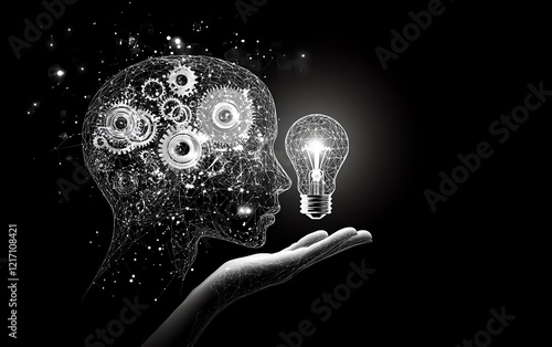 Outline of a human head with gears and lightbulb held by a hand, digital network background, innovation, creativity, and technology concept photo