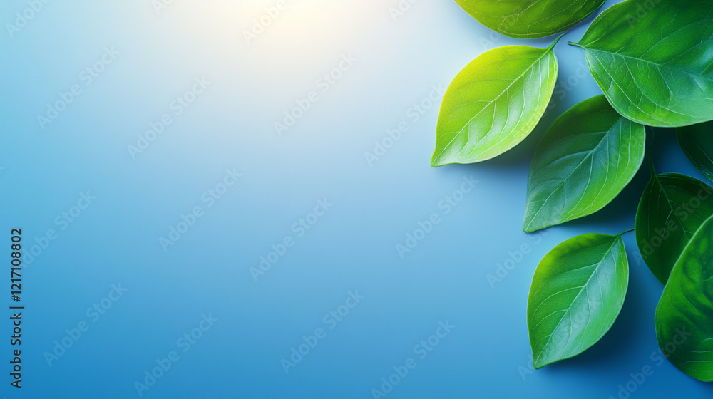 Vibrant green leaves against a soft blue background, symbolizing freshness and nature. Vibrant green leaves against a soft blue background, symbolizing freshness and nature.