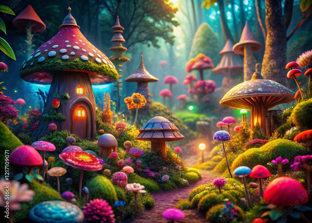 Fototapeta premium Surreal Gnome Garden: Whimsical Fantasy Background Design Stock Photo