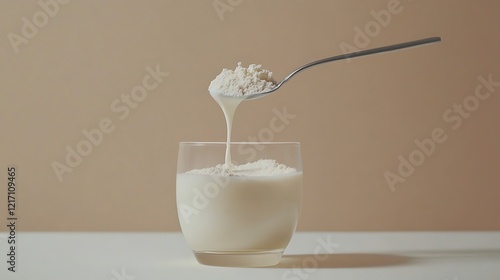 A spoonful of fine powdered milk being poured into a glass of warm water, creating a smooth mixture