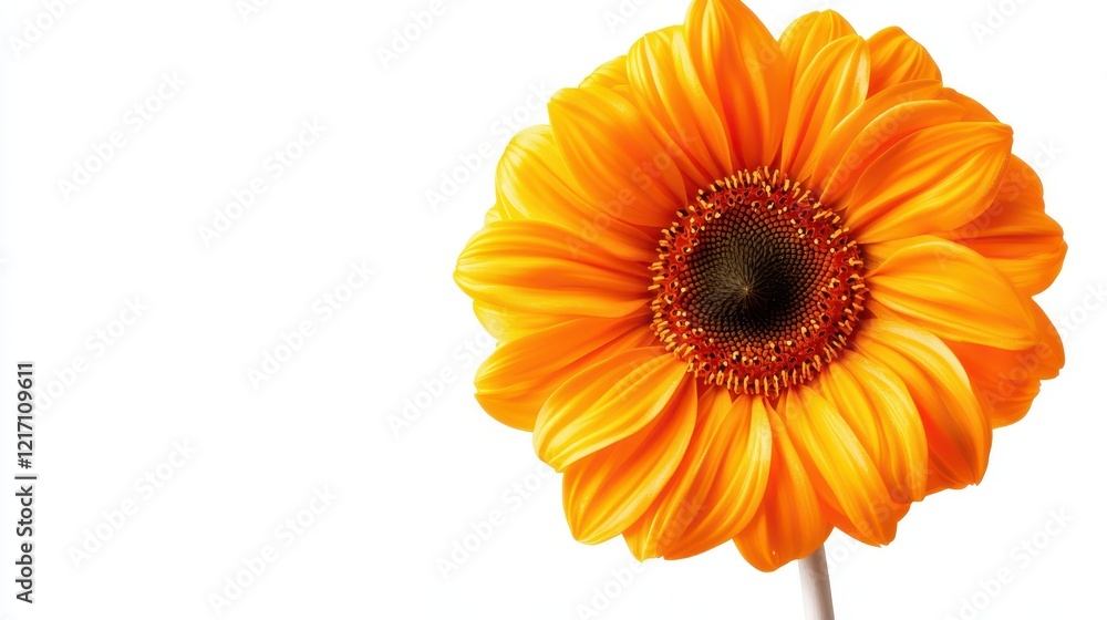 A vibrant orange sunflower against a clean white background, showcasing its intricate petals and texture. A vibrant orange sunflower against a clean white background, showcasing its intricate petals and texture.