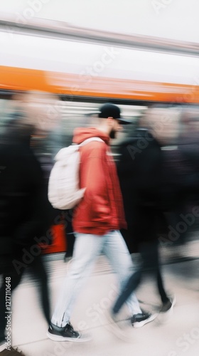 Wallpaper Mural A blurred motion scene depicts people walking on a subway platform, creating a dynamic and busy urban atmosphere. The colors are muted with a hint of orange. Torontodigital.ca