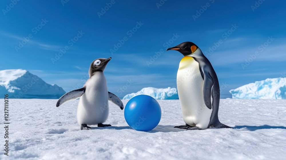 Obraz premium Penguins playing with blue ball on snow. Wildlife and winter content