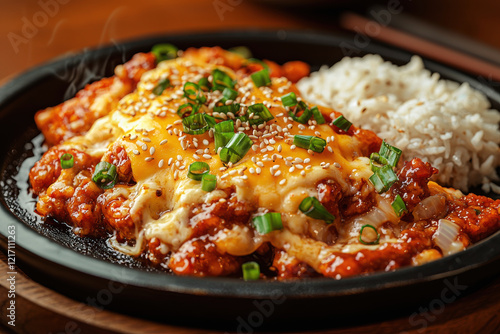 Sizzling cheese buldak spicy fire chicken served with rice, garnished with green onions and sesame seeds in warm lighting photo