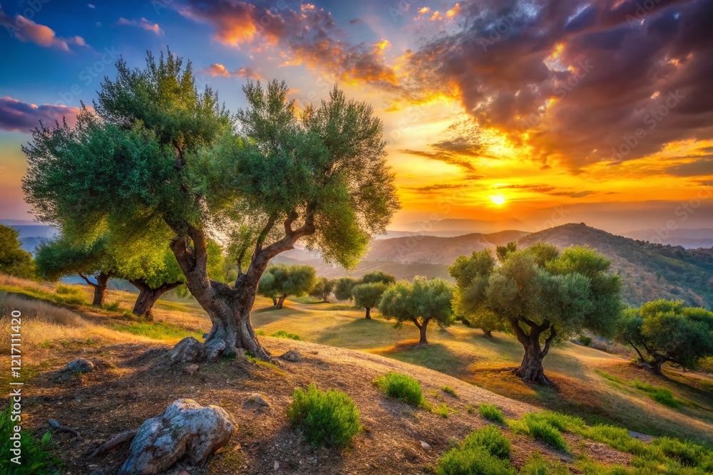 Surreal Olive Trees on Rosandra National Park Hilltop at Sunset - Dreamy Landscape Surreal Olive Trees on Rosandra National Park Hilltop at Sunset - Dreamy Landscape