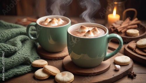 Cozy Hot Chocolate:  Two steaming mugs of rich hot chocolate topped with fluffy marshmallows and a sprinkle of cinnamon,  the perfect winter treat.  The scene is inviting and cozy.