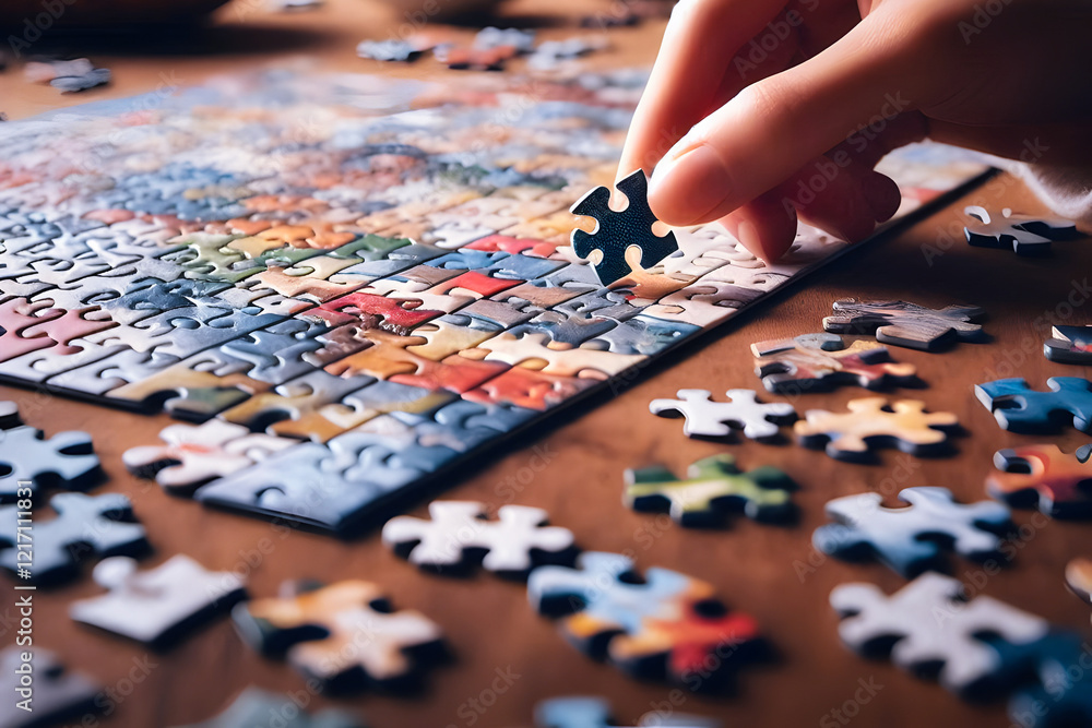 Hands holding puzzle pieces in a fun learning jigsaw game Hands holding puzzle pieces in a fun learning jigsaw game