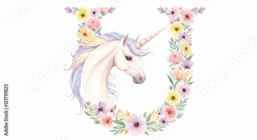 Floral unicorn illustration with pastel flowers in a u shape
