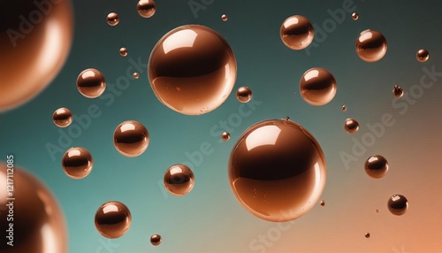 Spheres of Copper: Abstract photo with a copper tone, numerous copper spheres floating on an ombré background. The background transitions from dark turquoise to bright orange.