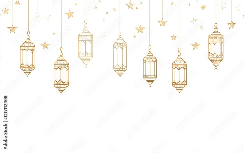 Simple line vector white background with Ramadan lanterns and stars pattern on the top, hanging from left to right in a row. Simple line vector white background with Ramadan lanterns and stars pattern on the top, hanging from left to right in a row.