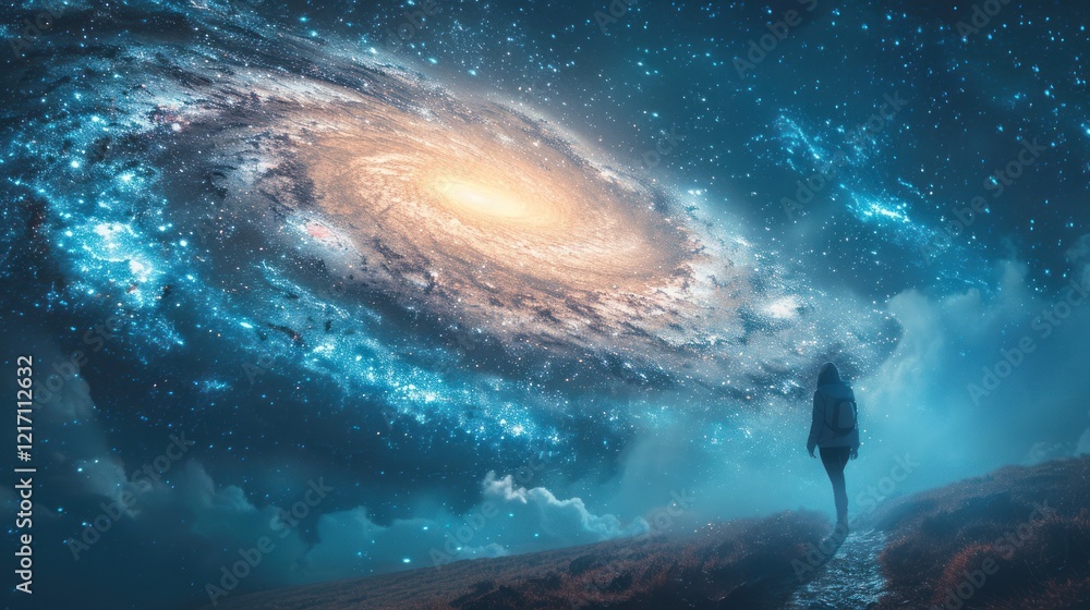 Fototapeta premium Human figure gazing at spiral galaxy in vast cosmos