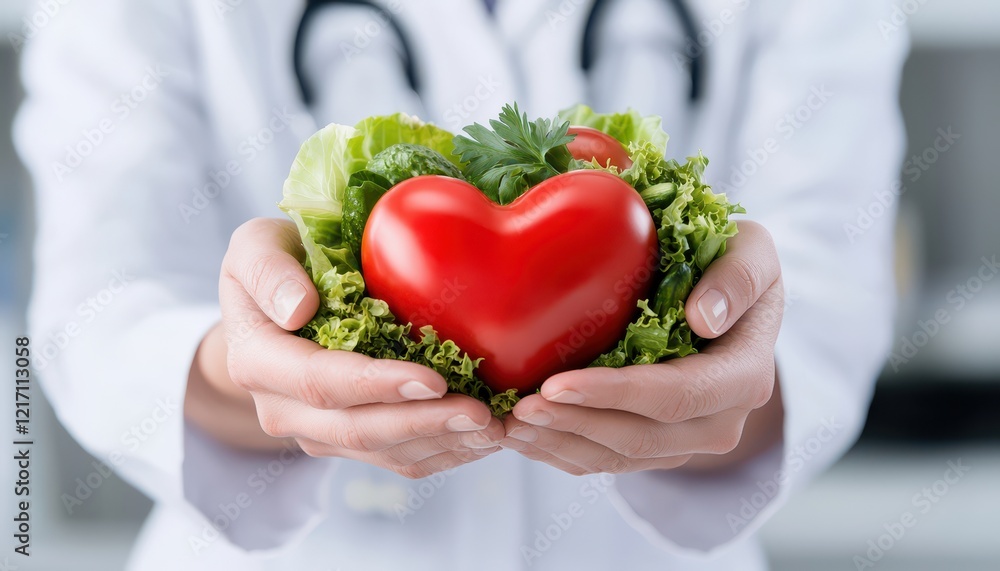 A doctor holds a heart-shaped tomato surrounded by fresh greens symbolizing healthy living. A doctor holds a heart-shaped tomato surrounded by fresh greens symbolizing healthy living.