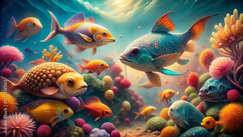 Fototapeta premium Surreal Sea Animal Clipart: Whimsical Ocean Creatures on White Background