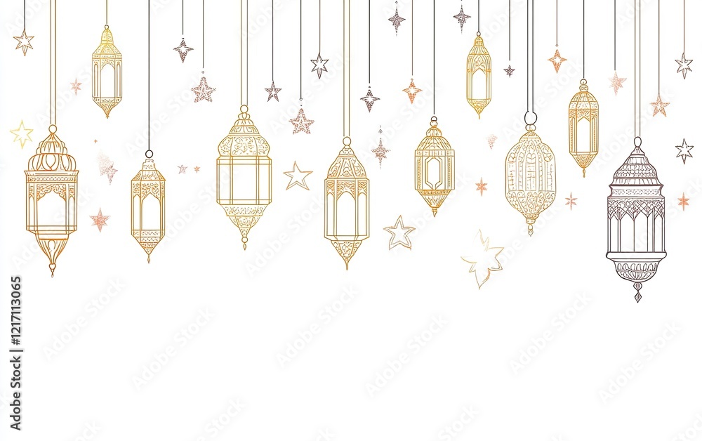 Simple line vector white background with Ramadan lanterns and stars pattern on the top, hanging from left to right in a row. Simple line vector white background with Ramadan lanterns and stars pattern on the top, hanging from left to right in a row.