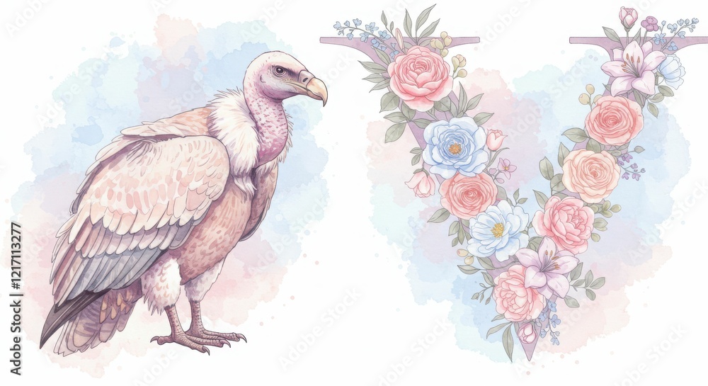 Fototapeta premium Vulture art piece with pastel watercolor floral letter v design