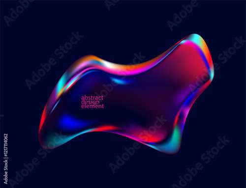  3D Holographic liquid shapes. Colorful iridescent bubble on dark background.  Abstract vector frame.