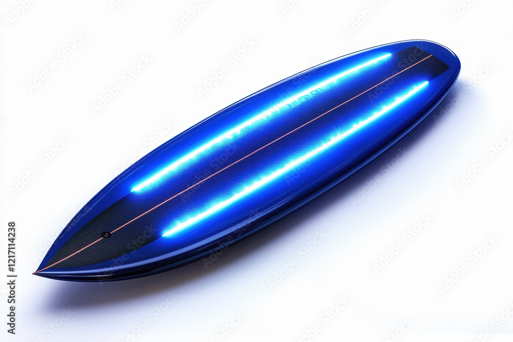 Sleek deep blue epoxy hybrid surfboard with carbon fiber reinforcements on a white background Sleek deep blue epoxy hybrid surfboard with carbon fiber reinforcements on a white background