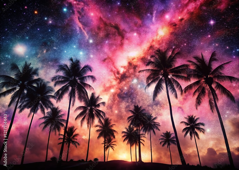 Obraz premium Surreal Tropical Palm Space: Black, Pink Nebula & Galactic Palms