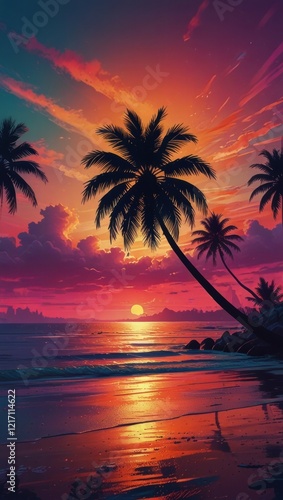 A palm tree silhouette casts long shadows on a shimmering beach, under a vibrant and surreal sunset sky