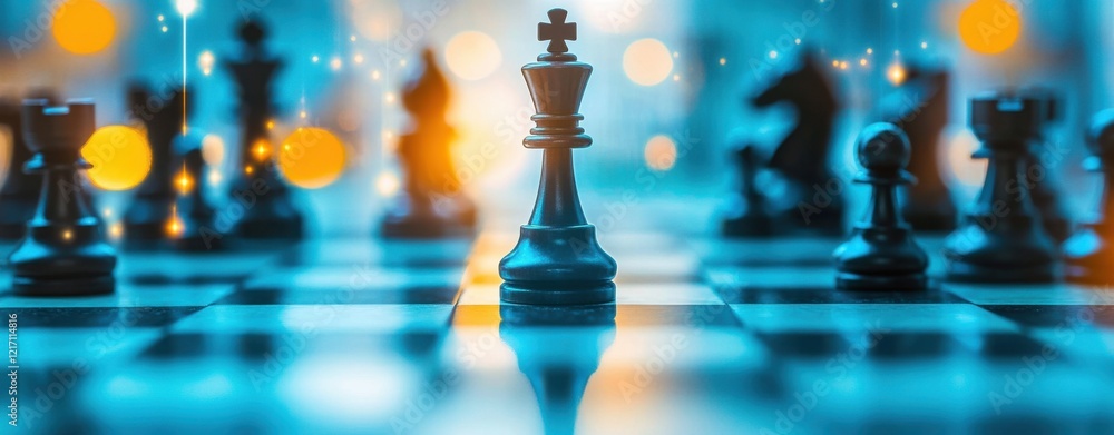 Focused chess piece on a board with bokeh lights. Focused chess piece on a board with bokeh lights.