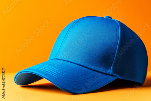 Bright Blue Cap on Vibrant Yellow Background for Creative Fashion and Apparel Concepts photo