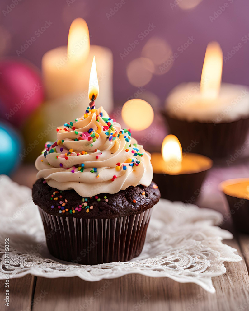 AI-image, closeup, chocolate, cupcake, sprinkles, lit, candle, top, dessert, celebration, sweet, delicious, treat, frosting, baked, pastry, festive, birthday, vibrant, tasty, decoration, indulgent, pa AI-image, closeup, chocolate, cupcake, sprinkles, lit, candle, top, dessert, celebration, sweet, delicious, treat, frosting, baked, pastry, festive, birthday, vibrant, tasty, decoration, indulgent, pa