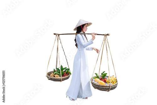 Asian woman wearing a Vietnamese Ao Dai carries a fruit basket ,Isolated on a transparent background.