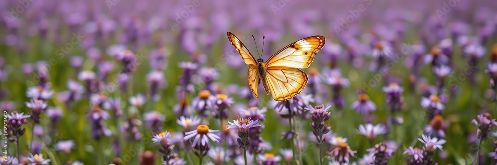 A butterfly with iridescent wings spreads its delicate form in mid-air over a vast expanse of purple wildflowers swaying gently in the breeze, field of flowers, delicate form A butterfly with iridescent wings spreads its delicate form in mid-air over a vast expanse of purple wildflowers swaying gently in the breeze, field of flowers, delicate form