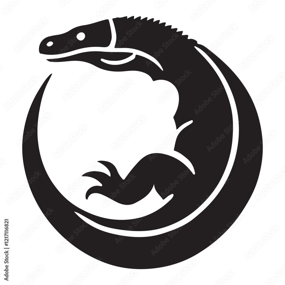 Naklejka premium Komodo Dragon in Circular Frame Silhouette Vector Graphic