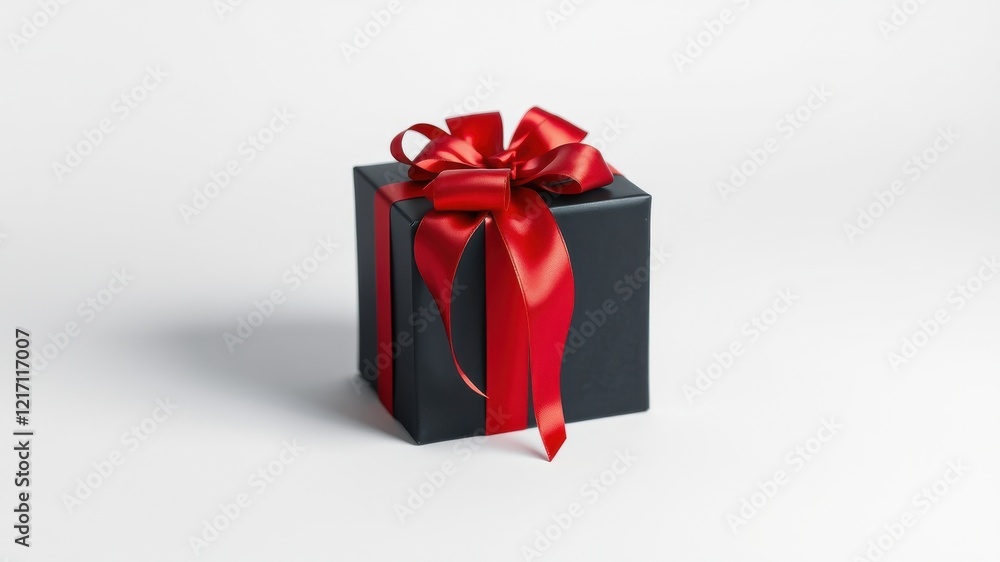 A sophisticated black gift box adorned with a vibrant red ribbon bow sits elegantly on a pristine white surface. A sophisticated black gift box adorned with a vibrant red ribbon bow sits elegantly on a pristine white surface.
