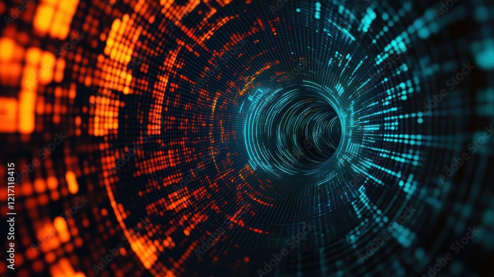 Fototapeta premium A digital tunnel with swirling blue and orange patterns, representing technology and data flow.