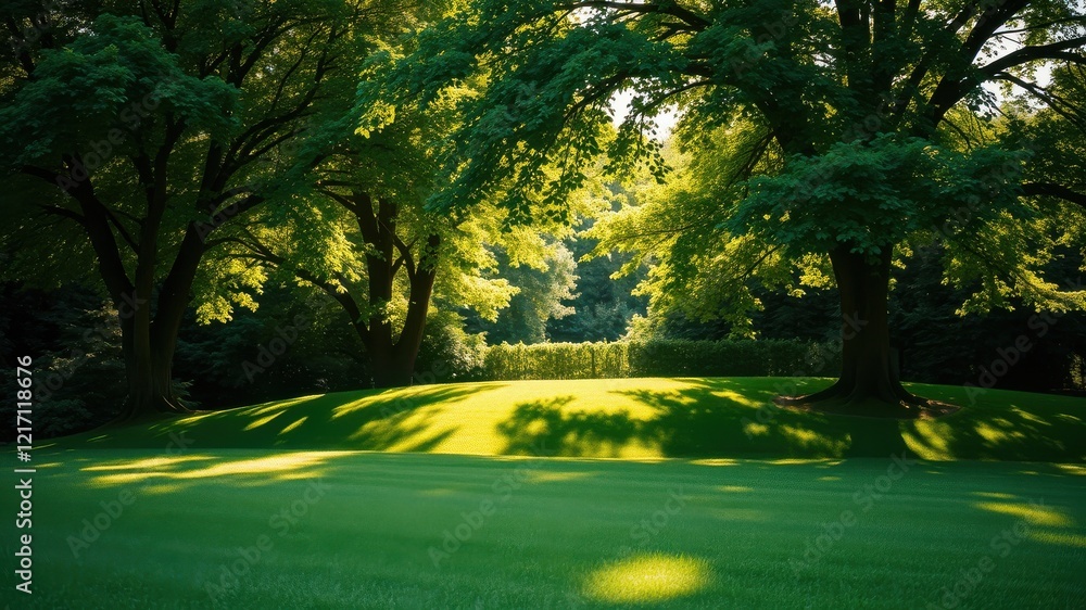 Obraz premium Serene parkland scene with lush green grass and majestic trees casting long shadows in the sunlight