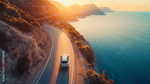 Aerial drone above top view of a red car driving on a spring or summer mountain road near the sea, spring sunny landscape. Vacation concept, travel by car Space for text. Generative AI.