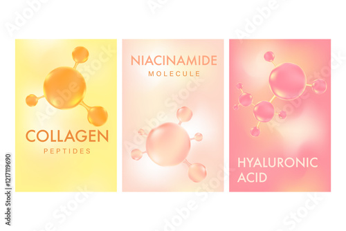 Aesthetic beauty molecule poster set with hyaluronic acid, collagen, niacinamide serum molecular banner. Nude pink, light yellow cosmetology advertisement. Beauty science skin care molecular concept