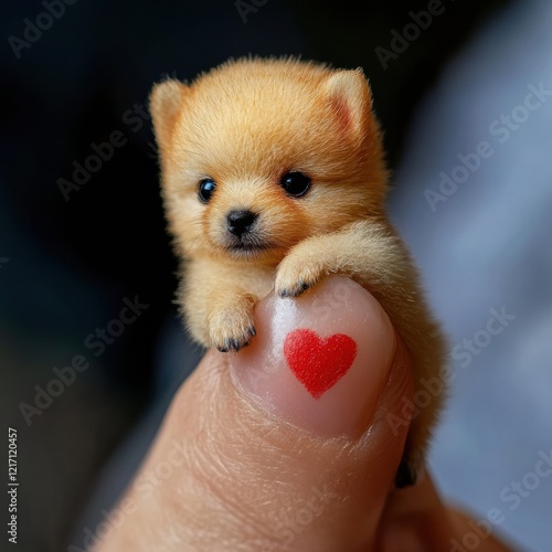 Cute pomeranian puppy resting on a finger with heart-shaped fingernail art showcasing affection. Generative AI photo