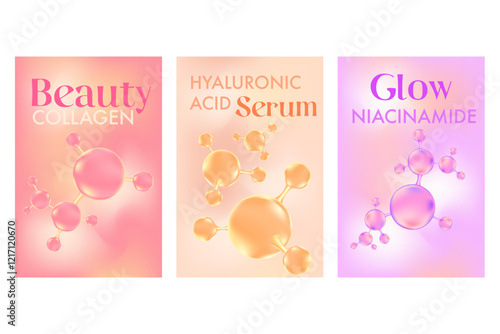 Aesthetic beauty molecule poster set with hyaluronic acid, collagen, niacinamide serum molecular banner. Nude pink, light purple cosmetology advertisement. Beauty science skin care molecular concept