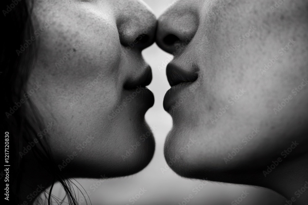 Obraz premium close-up black and white portrait of a couple kissing, expressing love, intimacy, and emotional connection