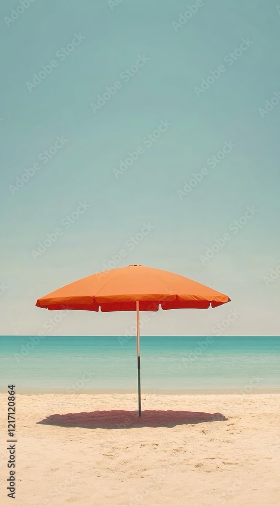 Ombrellone arancione sulla spiaggia con l'oceano sullo sfondo. Stile minimalista per il concetto di estate e vacanza Ombrellone arancione sulla spiaggia con l'oceano sullo sfondo. Stile minimalista per il concetto di estate e vacanza