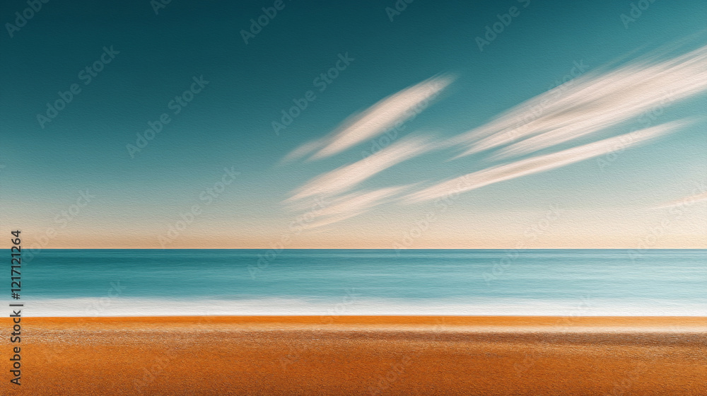 Φωτογραφία Abstract Coastal Horizon:  An abstract, minimalist capture of a serene coastline, where the sandy beach meets the vast, azure ocean under a sky streaked with ethereal clouds