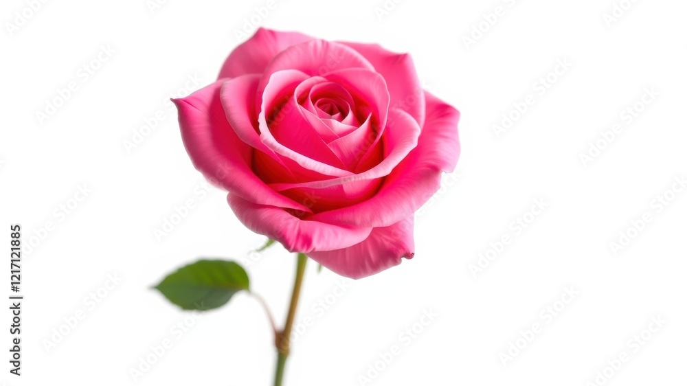 A single pink rose blossom, elegantly presented against a pure white background, showcasing its delicate petals and vibrant hue A single pink rose blossom, elegantly presented against a pure white background, showcasing its delicate petals and vibrant hue