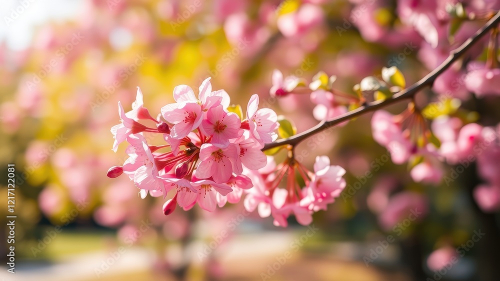 Delicate Pink Blossoms on a Branch, Illuminated by Soft Sunlight, with a Blurred Background of Similar Flowers Delicate Pink Blossoms on a Branch, Illuminated by Soft Sunlight, with a Blurred Background of Similar Flowers