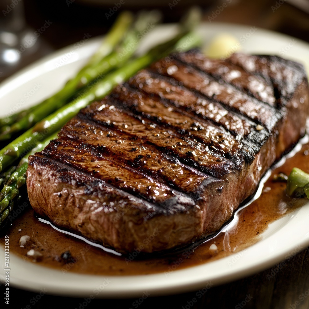 Grilled steak with asparagus served on a white plate in an elegant dining setting during evening hours. Generative AI Grilled steak with asparagus served on a white plate in an elegant dining setting during evening hours. Generative AI