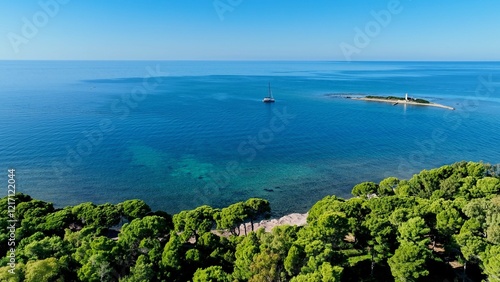 Il mare calmo e trasparente nella natura incontaminata della costa del Cilento, Sud Italia. 
Il pino marittimo, tipico del mar mediterraneo, scende sulla costa rocciosa del Cilento. photo